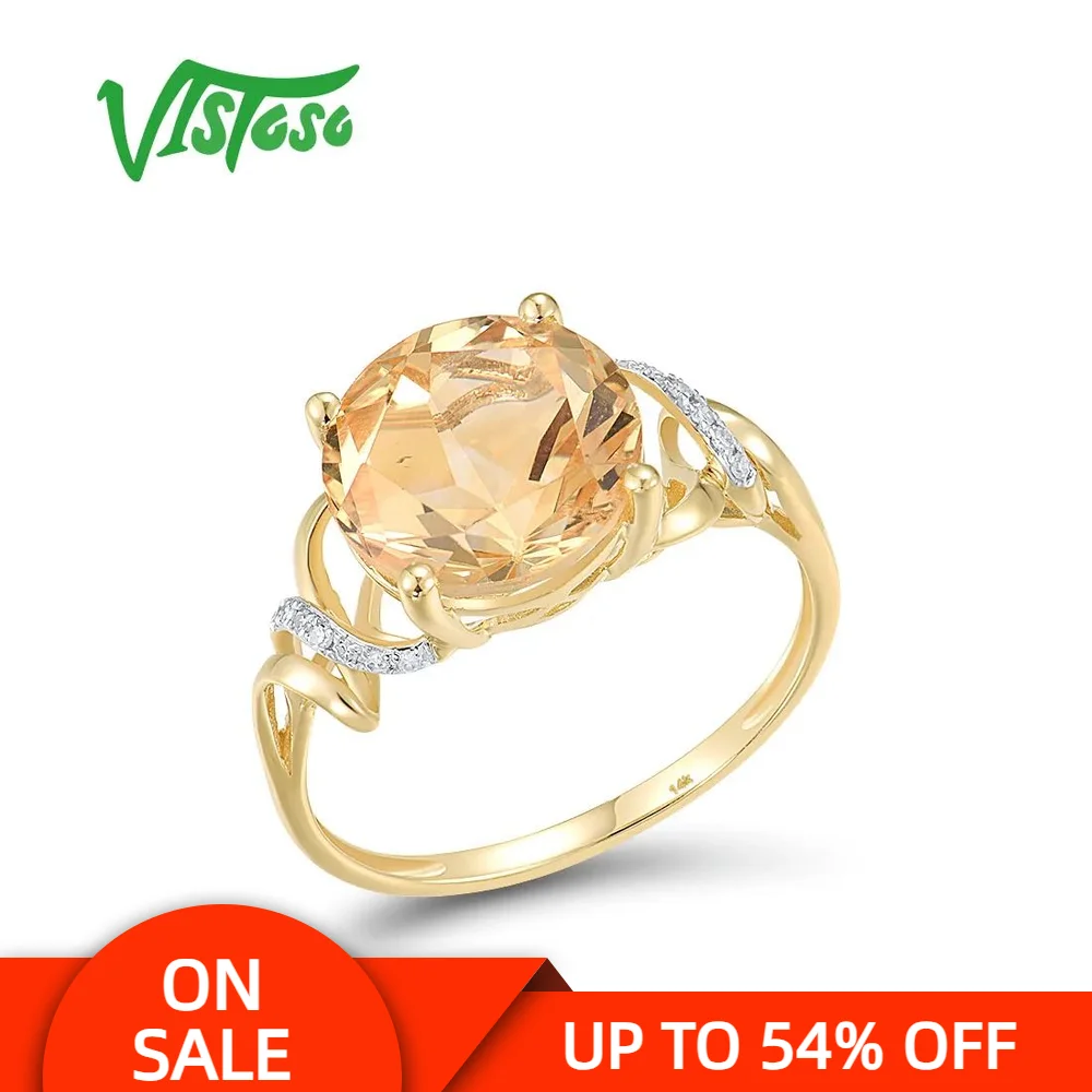 

VISTOSO Genuine 14K 585 Yellow Gold Ring For Women Sparkling Diamond Citrine Attractive Wedding Engagement Dalicate Fine Jewelry