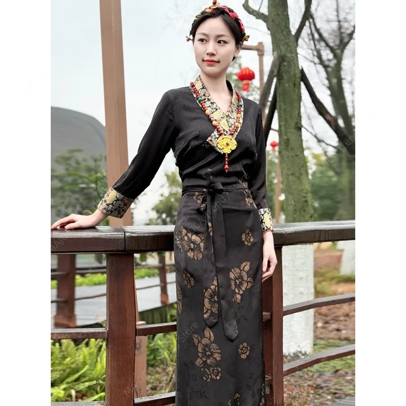 

Spring Autumn Tibetan Women's Costume Cotton Satin Robe Ethnic Style Guozhuang Skirt Bora Tibetan Performing Arts Dress