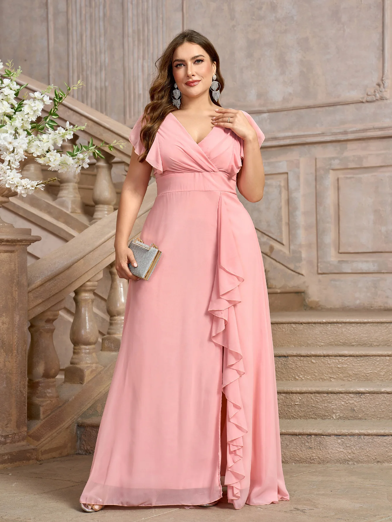 Plus Size Szyfonowa suknia ślubna Głęboki dekolt V Suknie wieczorowe Prom Party Dress Wysokie rozcięcie Syrenka Formalna kolacja Eleganckie sukienki