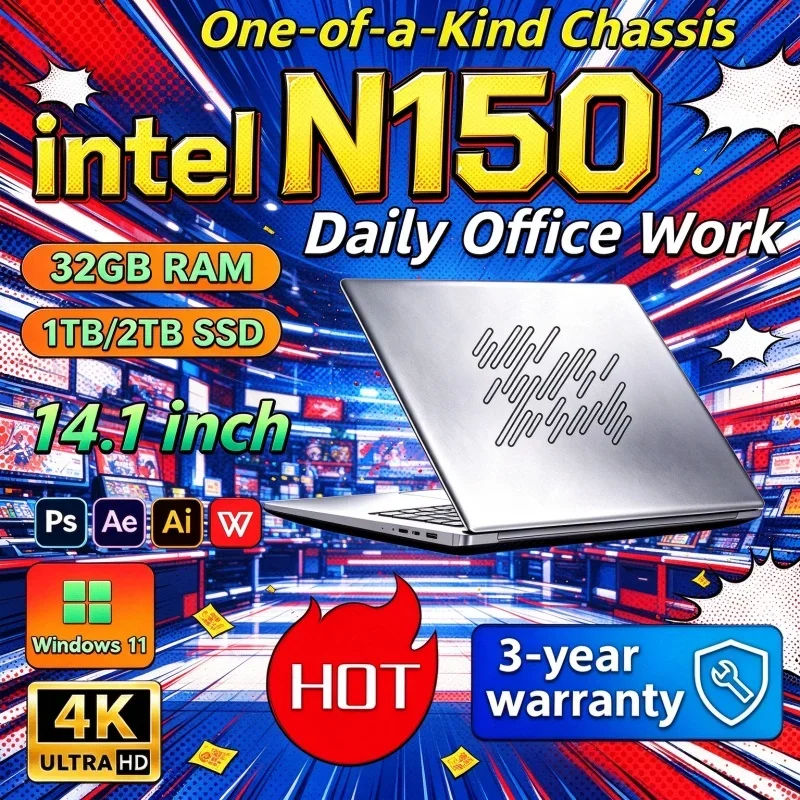 2026 Intel N150 Ultra Slim 14.1 Inch Laptop 32GB RAM 2TB SSD Study Notebook 1920x1080 Office High Performance