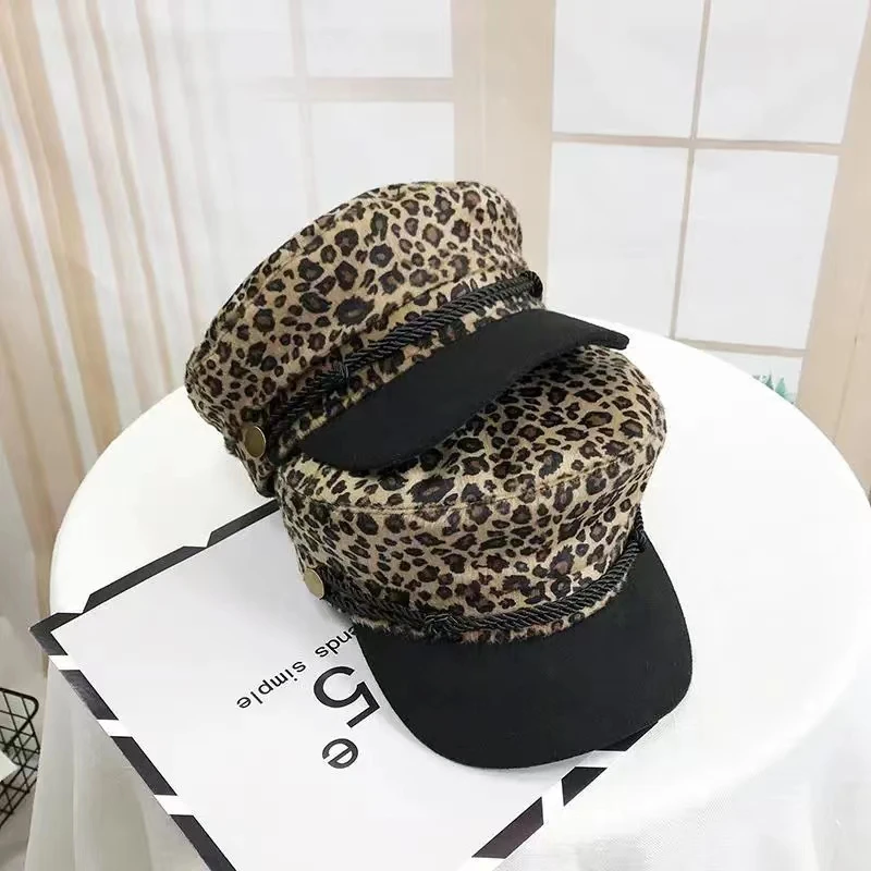 Korean style Fashion Women hat Vintage Flat navy hat Leopard print Octagonal hat 2024 HOT Female Military cap