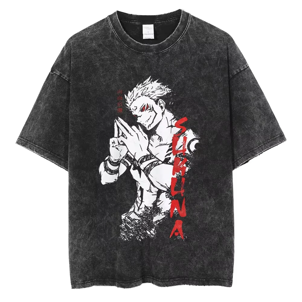 

Футболка с принтом аниме дзюдзюцу кайсен из стираного хлопка, уличная одежда унисекс, свободная повседневная винтажная стираная футболка с короткими рукавами большого размера
