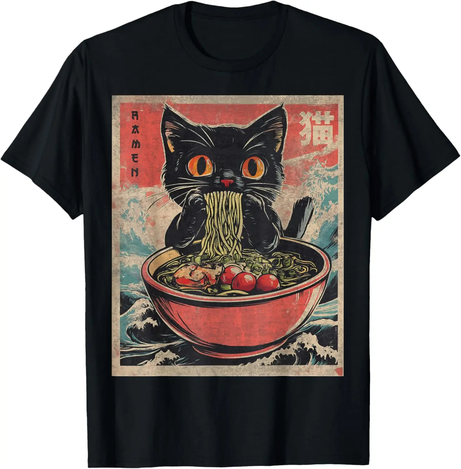 Unisex Ramen Japanese Funny Graphic Tees Kawaii Cat Anime Gifts T-Shirt Black XS 100% Cotton Trendy Y2K Short-Sleeve Tee-Soft,