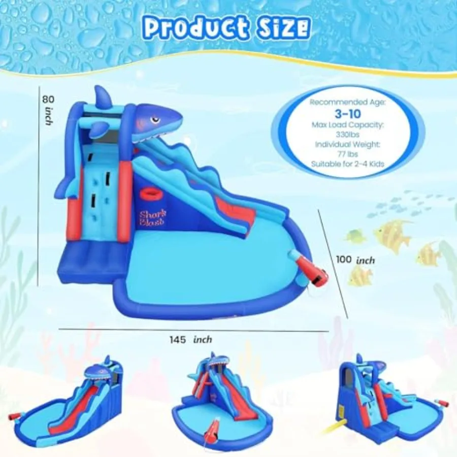 Outdoor/Indoor inflatable water slide bounce house for kids 3-12 shark-themed blue and yellow with climbing wall long slide and view 4