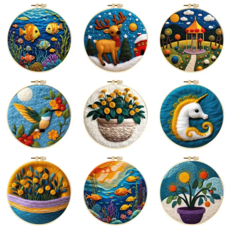 RUOPOTY 1 Pack Needle Felt Starter Set Wool Painting Diy Gift Bird Hippocampus Flowers Needle Felting Painting For Home Art