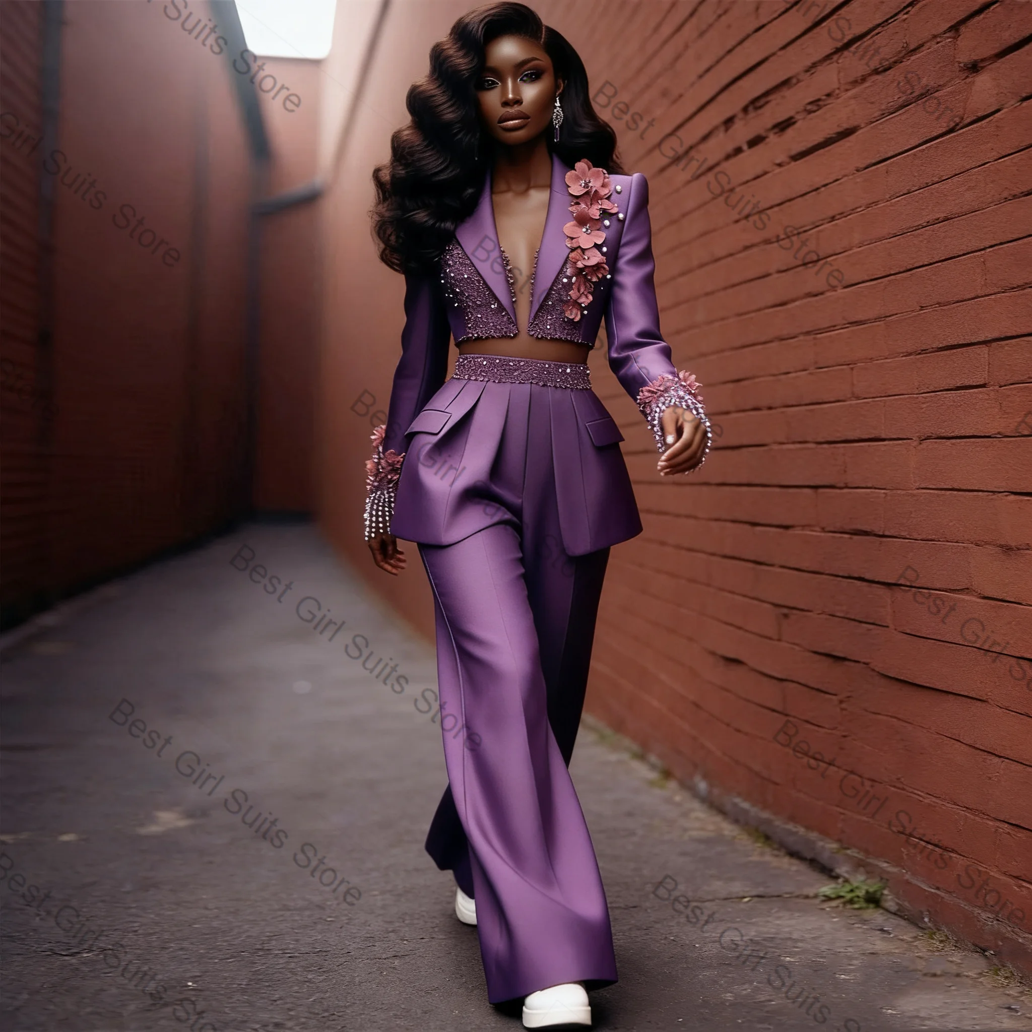 Purple Women Suit Set 2 Piece Short Blazer+Pants Trousers 3D Flower Beaded Formal Office Lady Jacket Customized Wedding Coat view 4