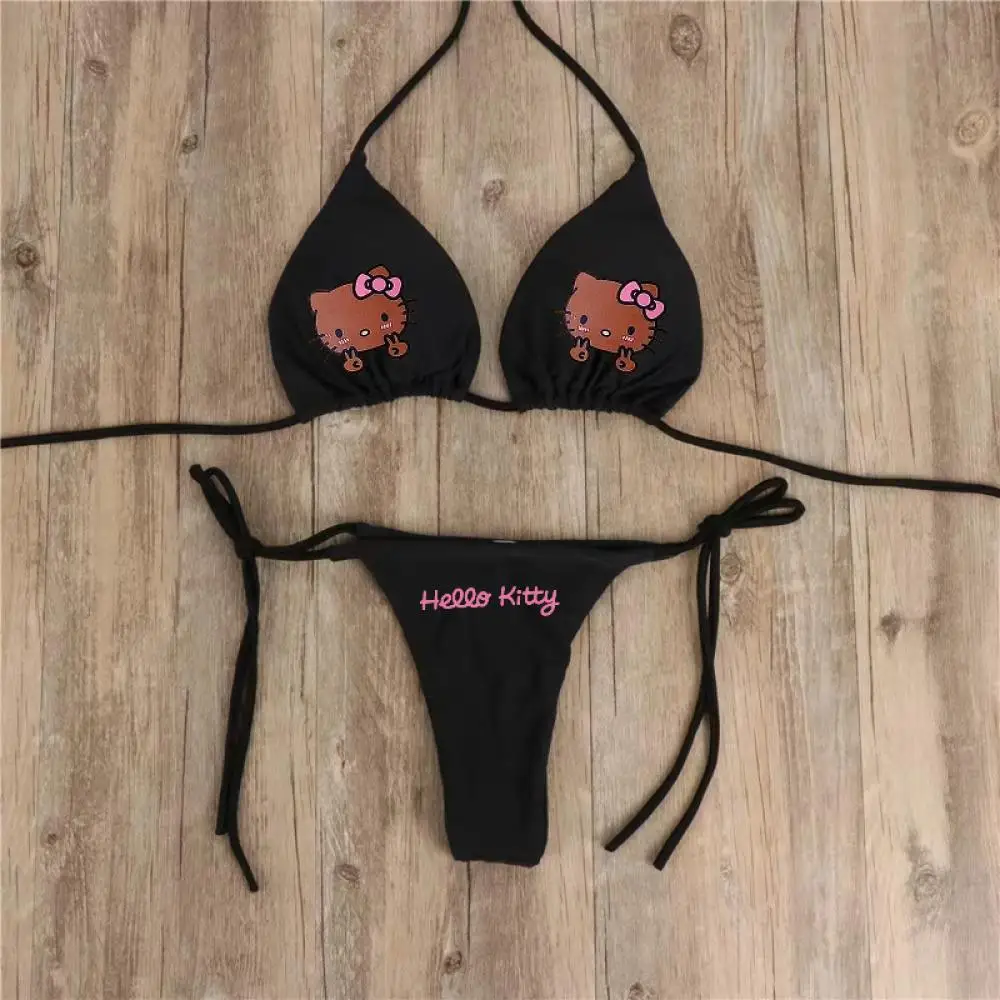 Conjunto de Bikini de Hello Kitty Grils para mujer, traje de baño Sexy de encaje con cuello Halter Sanrio, traje de baño Multicolor ajustable con tirantes, 2 uds.