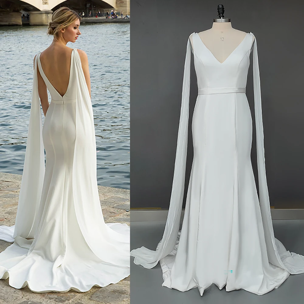 Abito da sposa a sirena con doppio scollo a v aderente semplice senza schienale 2021 nuovo staccabile in Chiffon drappeggiato con cerniera abiti da sposa semplici da spiaggia