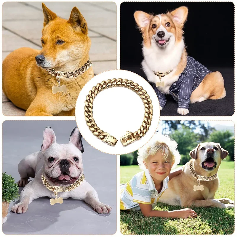 

New 14mm Golden Dog Collar 18K Gold Plated Hip Hop Stainless Steel Dongle Chain Necklace Hot Sale Pet Collars Dog Tag