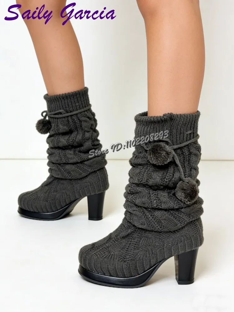 

Винтажные серые вязаные сапоги-чулки с круглым носком, помпонами, на высоком каблуке, до колена, модные женские сапоги на массивном каблуке 2026 года
