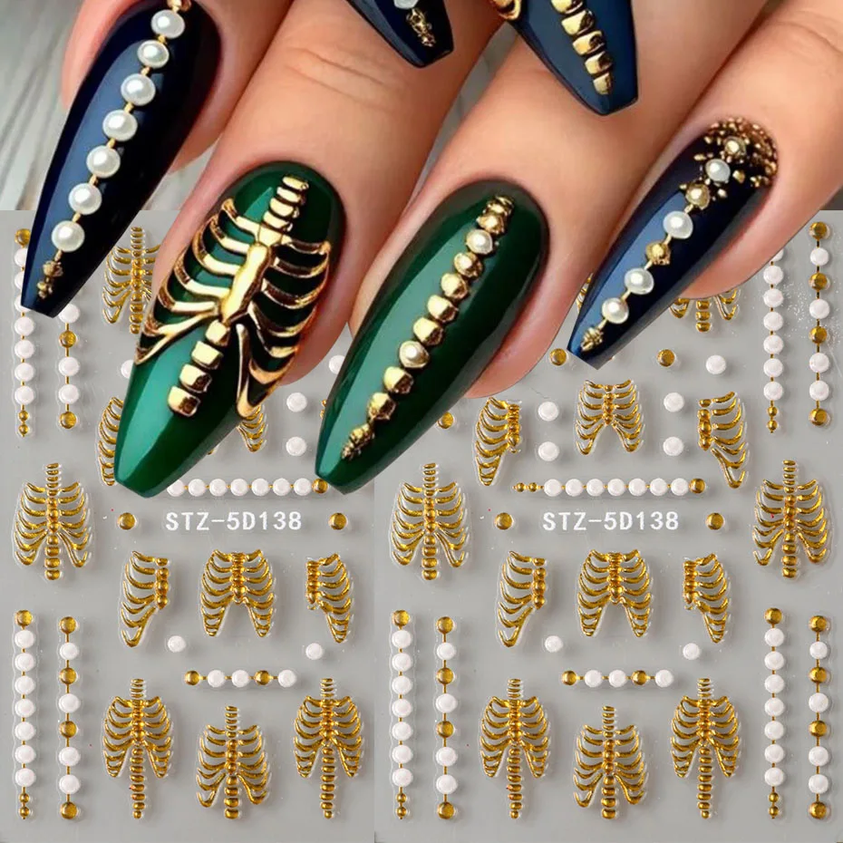 Cage à ruban de crâne d'halloween 5D, décoration de manucure auto-adhésive en relief sur le thème d'halloween avec décalcomanie d'ongle d'os de main Vintage Rose dorée