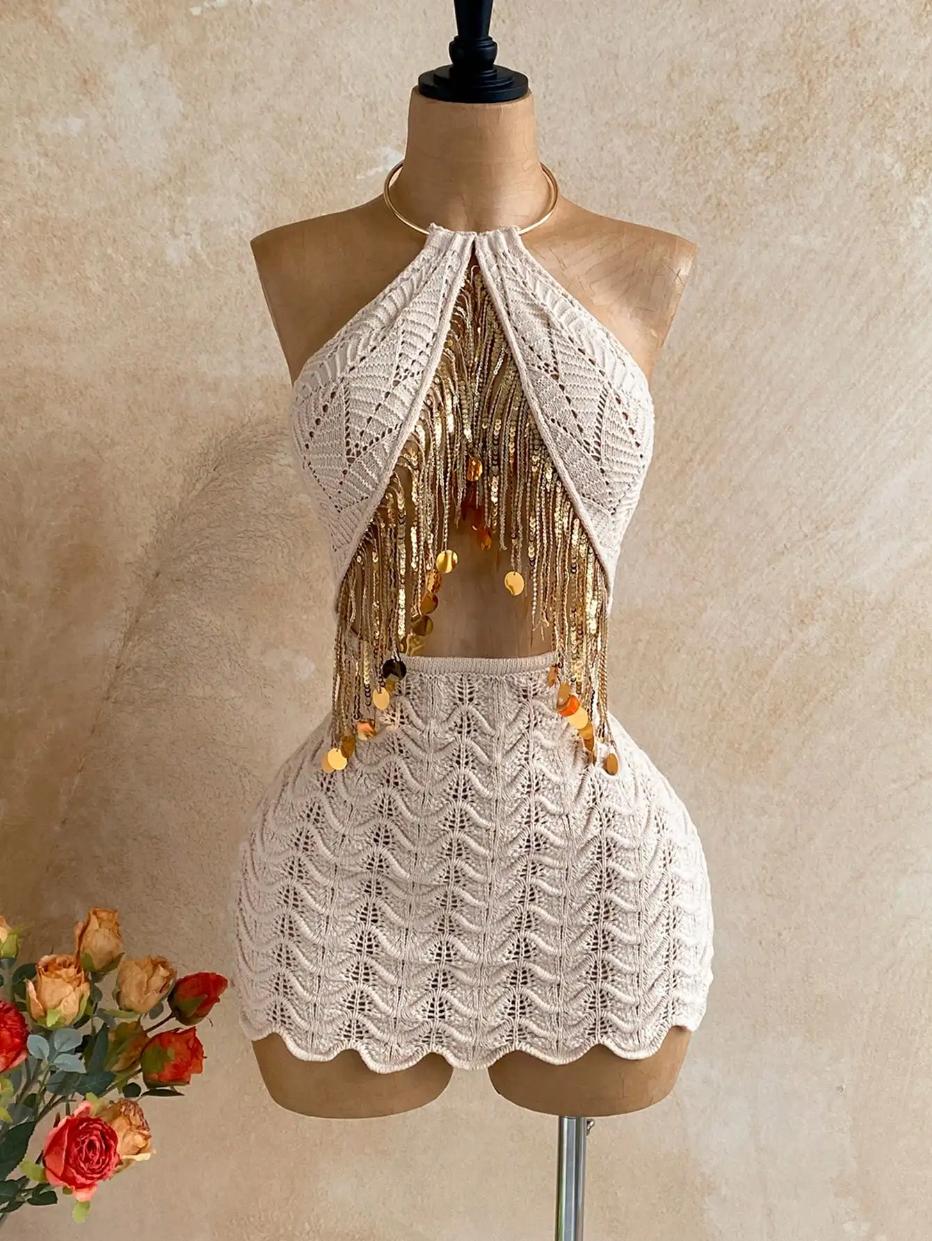 

Women's Knit Halter Dress With Sequin Tassel Hollow Out Design Summer Holiday Outfit