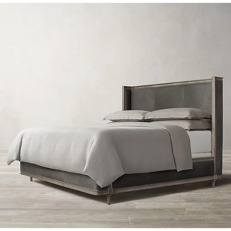 Neoclassical light luxury solid wood bed, Italian modern leather bed