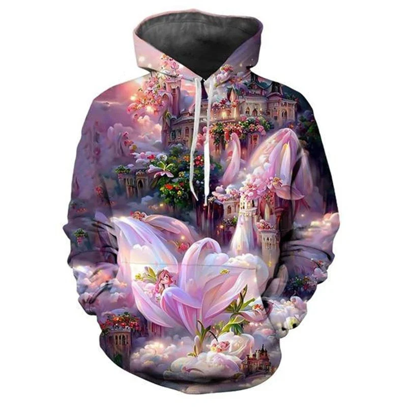 Men's Women's Fantasy Castle Graphic Hoodies 3D Print Beautiful Scenery Pattern Couple Hooded Clothes Autumn Fashion Casual Tops