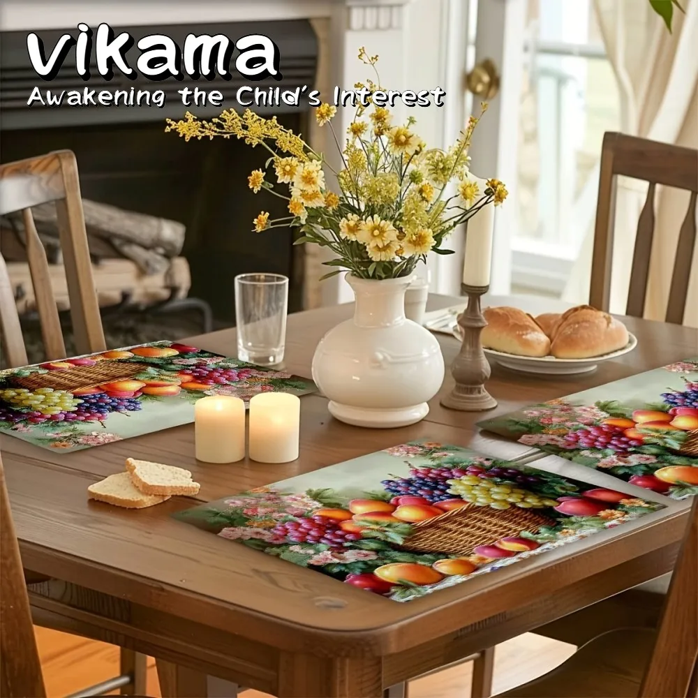 VIKAMA 4-teiliges Tischset mit Retro-Obstkorbmuster, rutschfeste Tischsets, perfekt für Küchenpartys und Esszimmerdekoration zu Hause