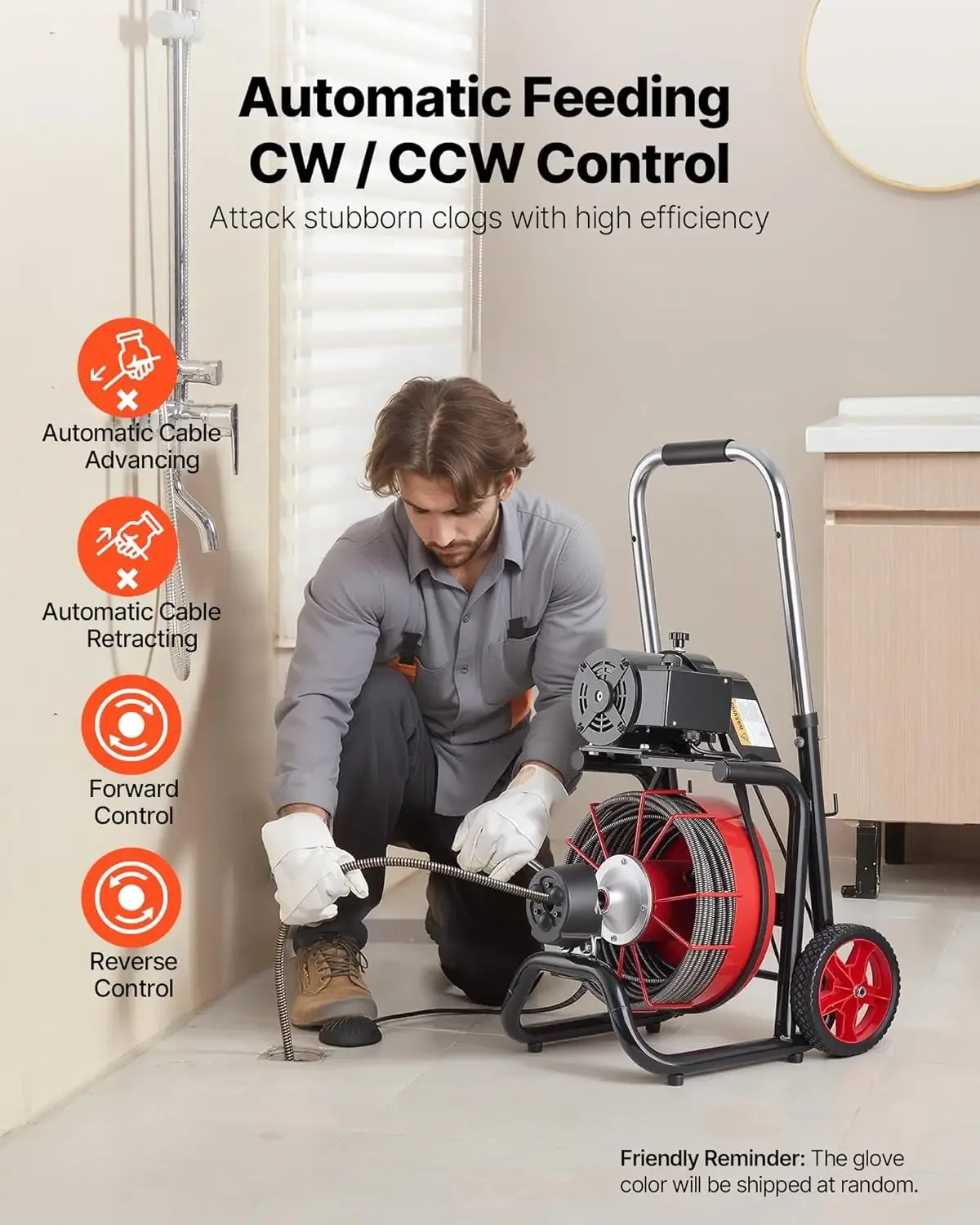 Drain Cleaner Machine 100 FT x 1 2 Inch Auto Feed Sewer Snake Auger on Wheels with 8 Cutters Air Activated Foot Switch for 2