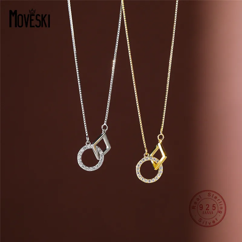 

MOVESKI 925 Sterling Silver Pave Zircon Round Glossy Square Buckle Pendant Necklace Women Trendy Versatile Birthday Jewelry