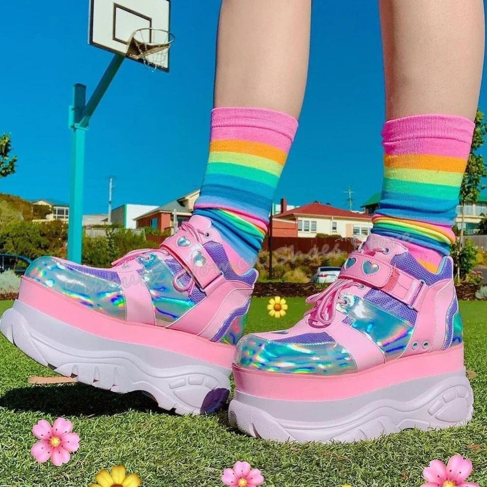 Laser Sneakers Mixed Color Platform Height Increasing Pink and Purple Dazzling Color Bling Outside Runway Shoes Comfortable New