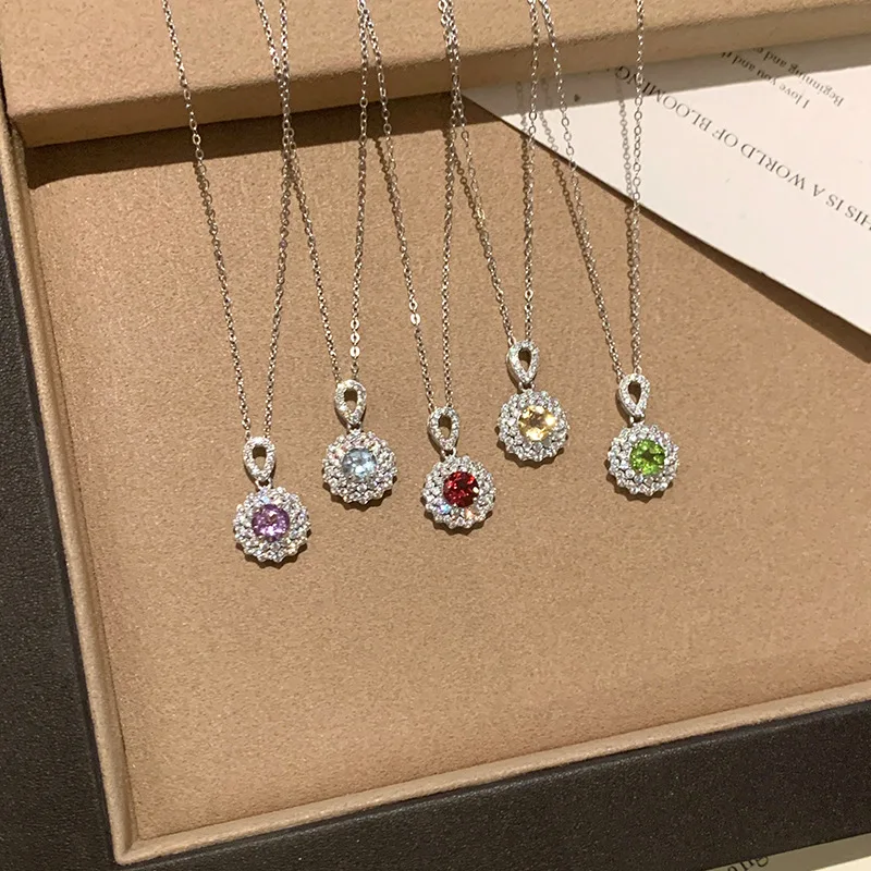 Pure 925 Silver Necklace Natural Pendant for Women Garnet Peridot Topaz Citirne Gemstone for Girl Women Jewelry Gift