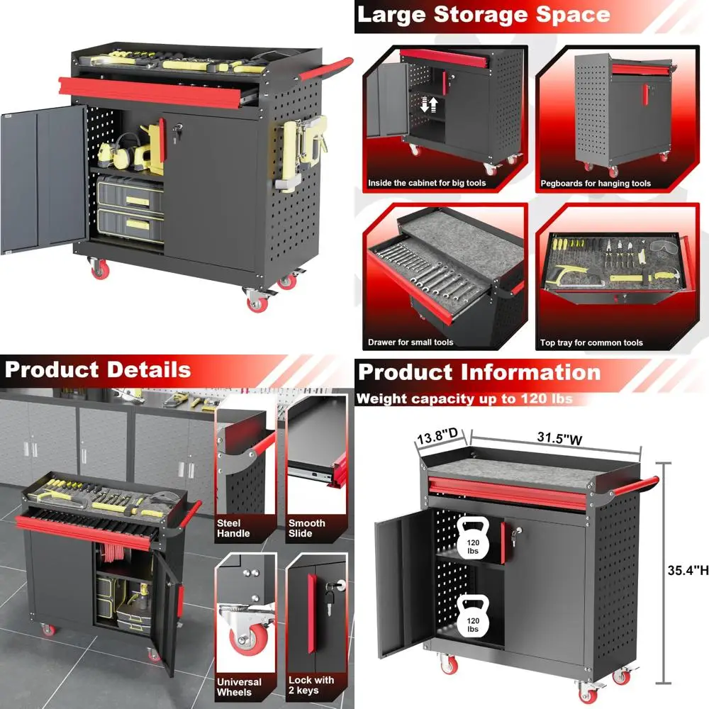 

Steel Lockable Tool Locker with Adjustable Shelves, Mobile Garage Storage Cabinet, Complete with Pegboard and Hooks for Organiza