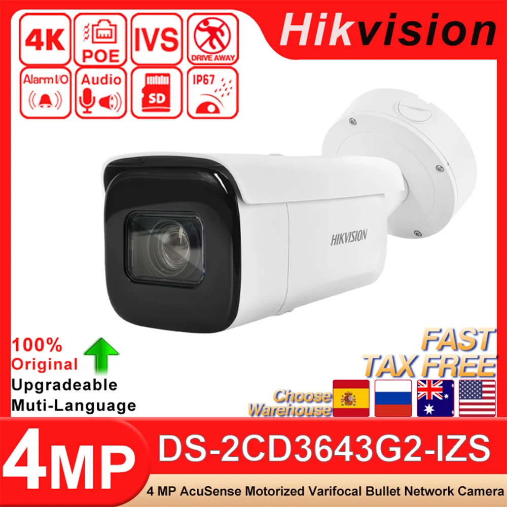 Hikvision Original DS-2CD3643G2-IZS 4MP Bullet Varifocal IP Camera 2.7-13.5MM AcuSense IR60M Built-In Mic SD Slot Alarm I/O IP67