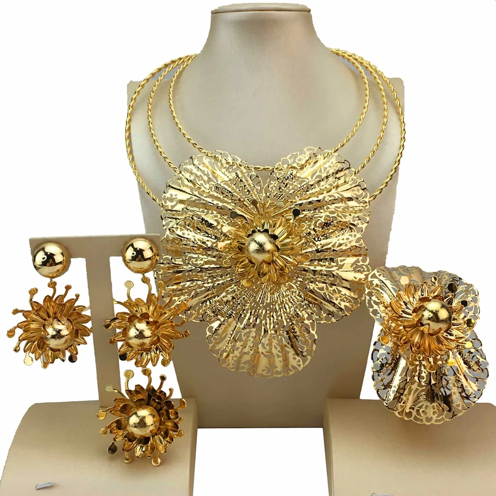 New Fashion Trendy Women Jewelry Set Brazilian Gold-Plated African Wedding Bridal Big Flower Pendant Necklace Gifts FHK16986