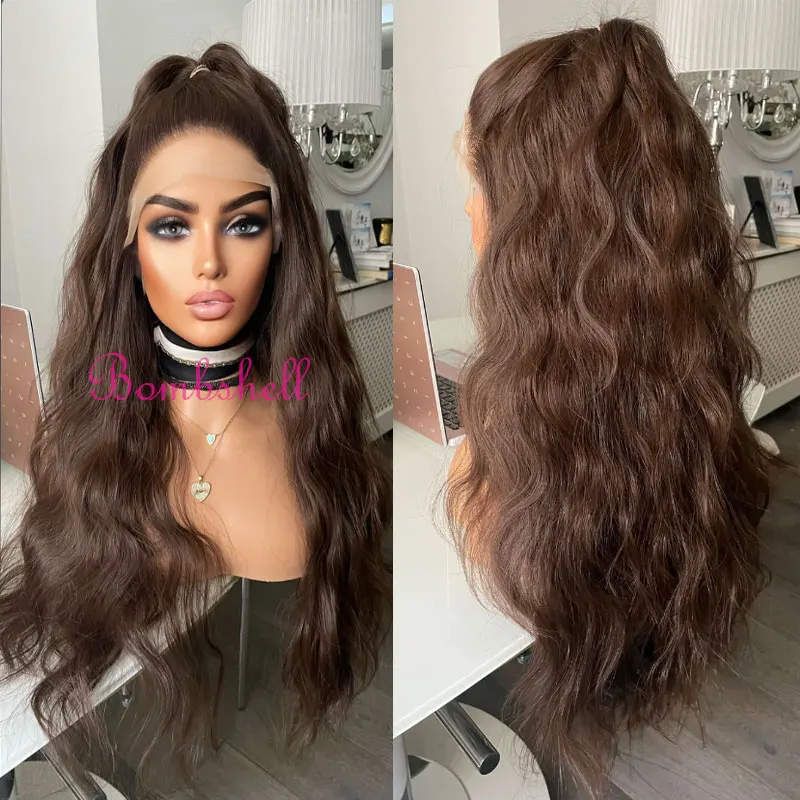 Peruca de cabelo sintético ondulado, marrom escuro, 13x4, renda frontal, sem cola, alta qualidade, fibra resistente ao calor, separação livre para mulheres