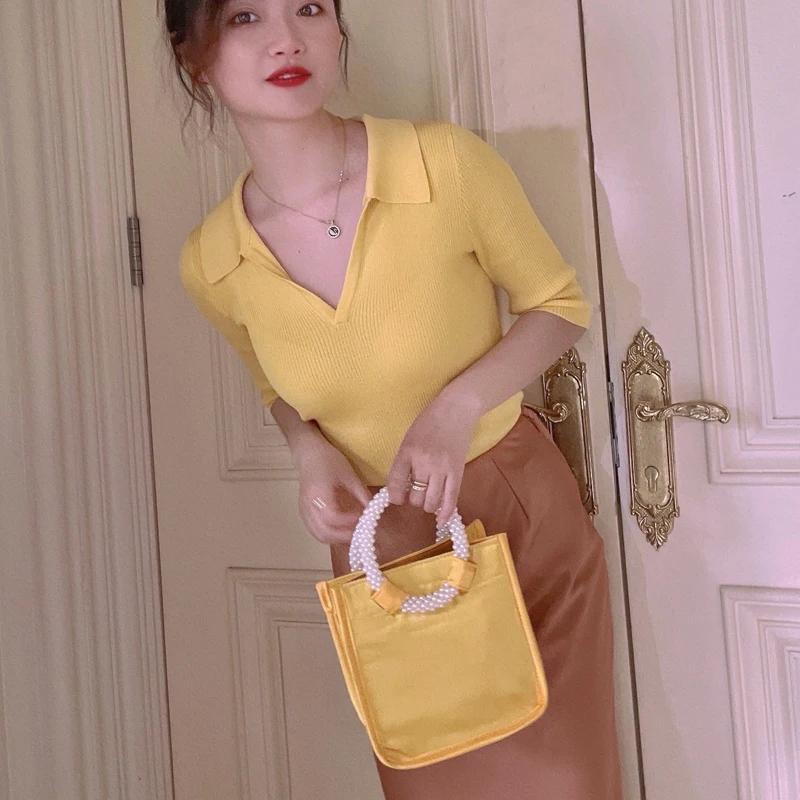 Retro Yellow Satin Niche Light Luxury Women Bag New Pearl Tide Handbags for Women 2022 Designer Trendy High-end Elegance Office