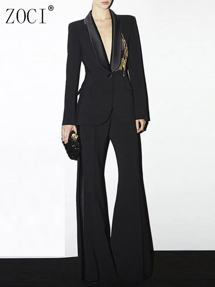 

ZOCI Women's Suit Sets Beading Blazers Old Money Female High Waist Flared Suit Pants Notched Collar Coats 2025 Spring New Suit