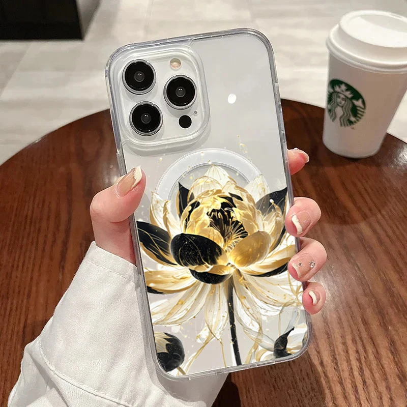 

Luxury Lotus Magnetic Magsafe Transparent Phone Case For iPhone 16 15 14 13 12 11 Pro Max 15 16 14 Plus 12 13 14 Pro Cover Funda