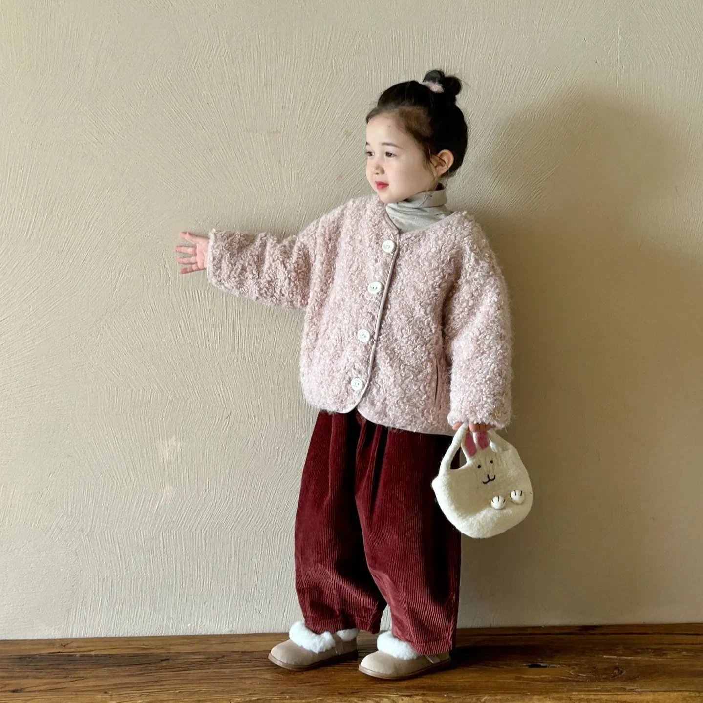 Girls Set 2024 New Winter Childrens Clothes Korean Style Baby Girl Lamb Wool Cotton Jacket Corduvet Pants Two-piece Set