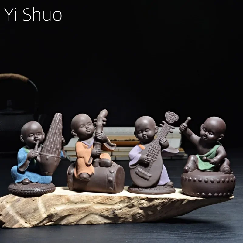 Color Sand Pottery Purple Sand Fine Tea Pet Kung Fu Tea Art Small Ornaments Blowing Pull Playing and Singing Little Monk Tea Set