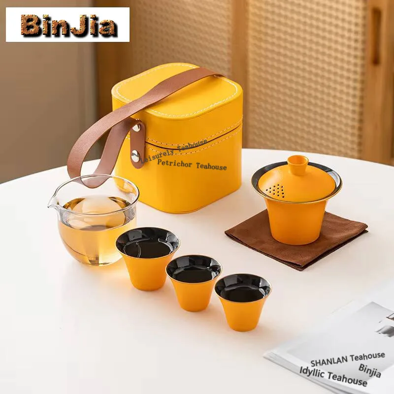 

Портативный дорожный чайный набор, дзен чайный набор, полный набор, 1 горшок, 3 чашки, бытовое приготовление чая, для пикника, для улицы, из искусственной кожи, сумка-тоут, подарок