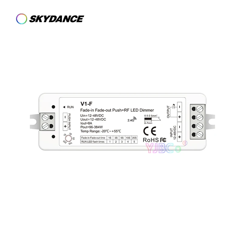 

Push RF Dim Single Color Strip Light controller Fade-in Fade-out LED Dimmer 12V-48V DC 24V 36V 1CH*8A Stepless Dimming switch