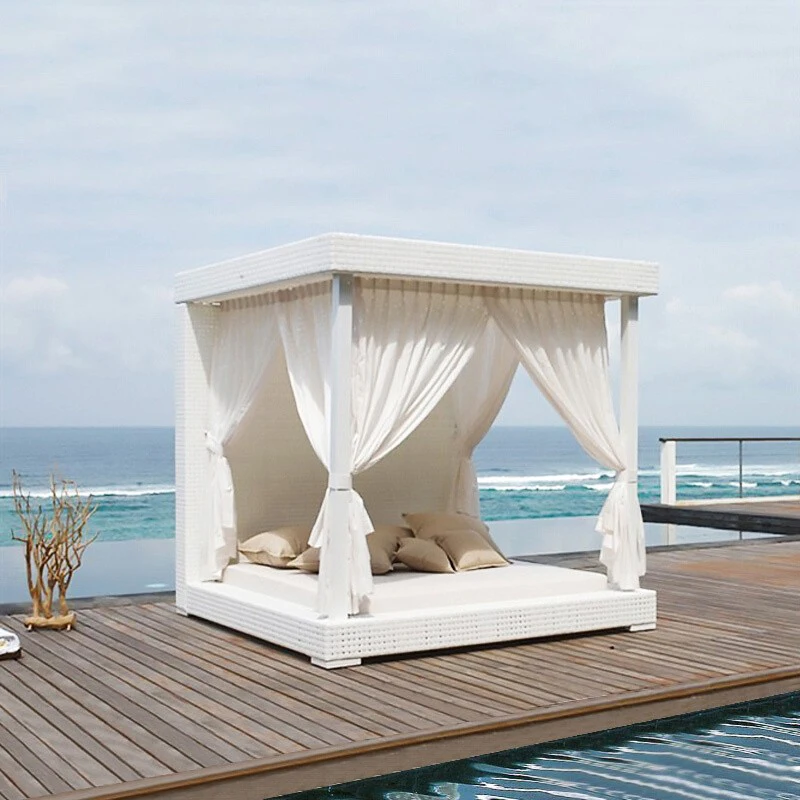 Outdoor bed courtyard outdoor romantic art rattan bed outdoor sofa with gauze curtain creative balcony bed chair