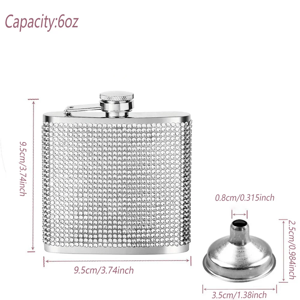 6oz Stainless Steel Diamond Inlaid Wine Bottle Flasks for Liquor for Women Hip Flask with Funnel Leakproof Metal Cap Flask