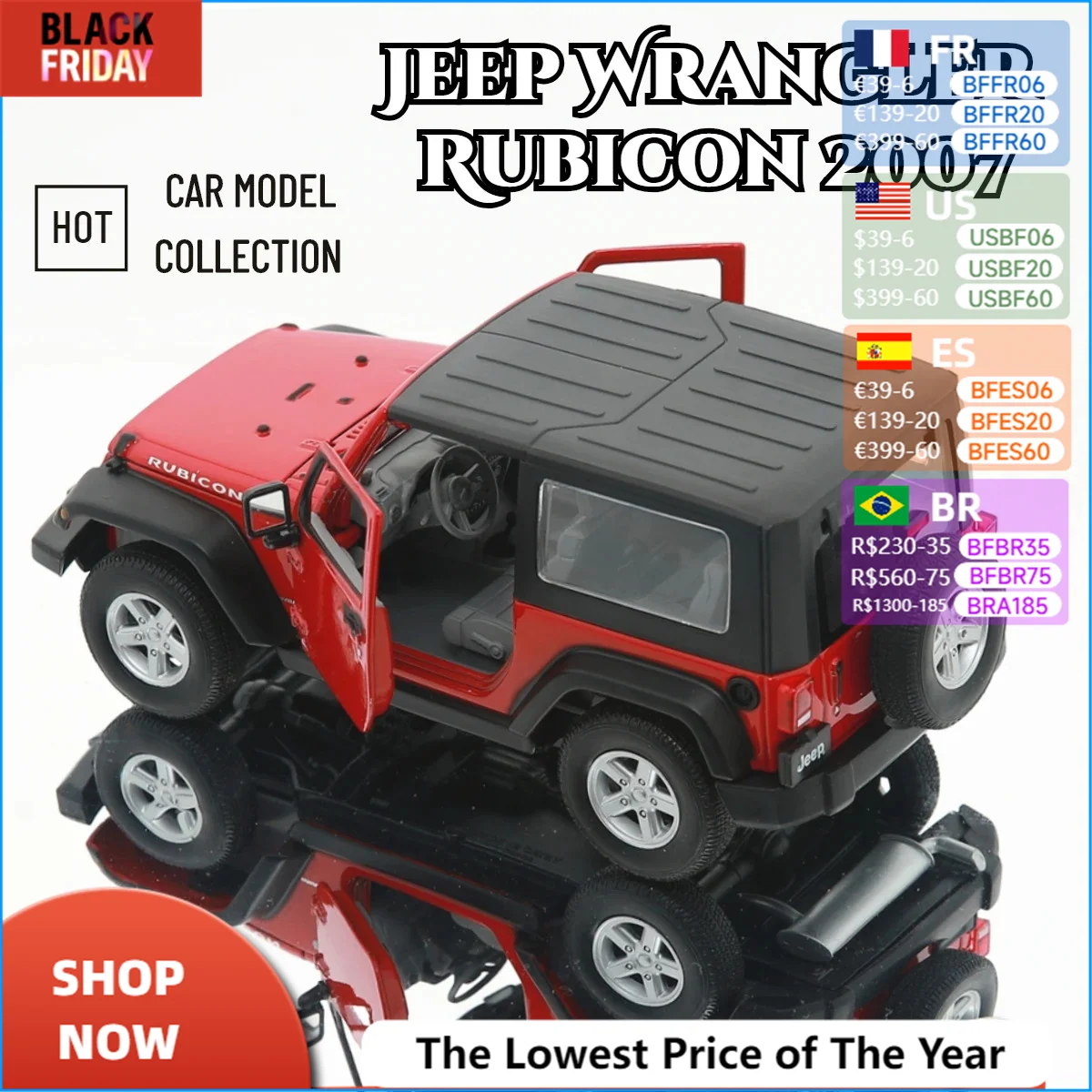 1:24 Scale Replica Car Model Miniature Jeep Wrangler Rubicon 2007 SUV Diecast Collectible Ornament Gift Toy for Boy Friend