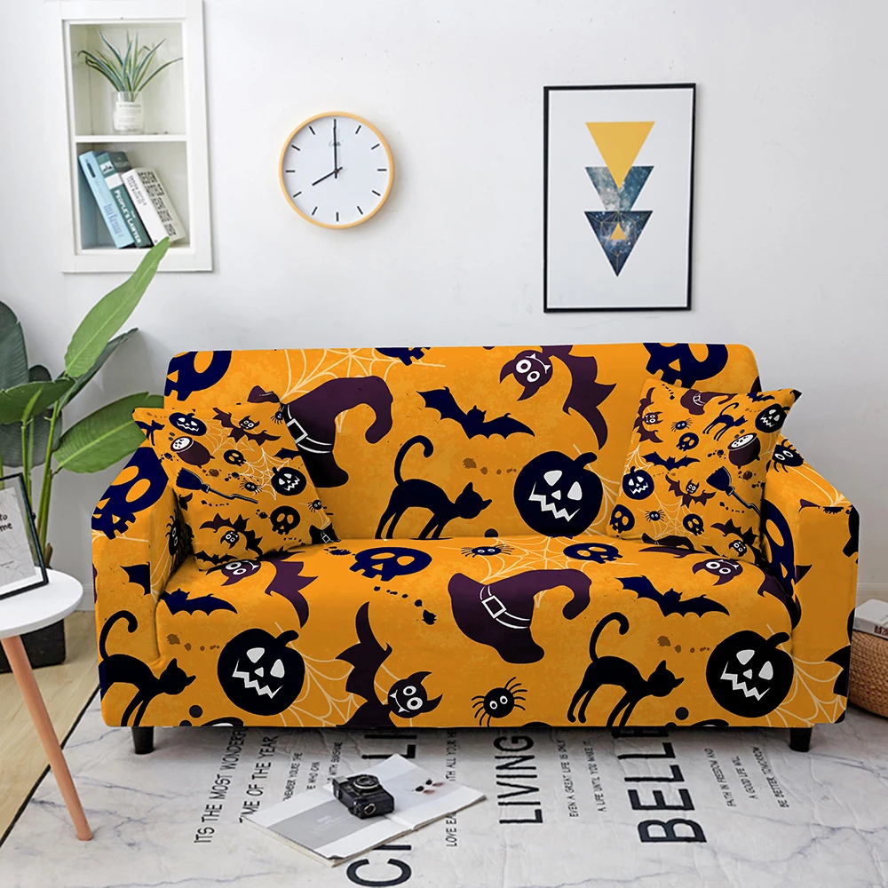 Halloween Black Cat Owl Series Printed Sofa Cover All Inclusive Elastic Dust Proof Wrinkle Proof Multi Person Sofa Universal