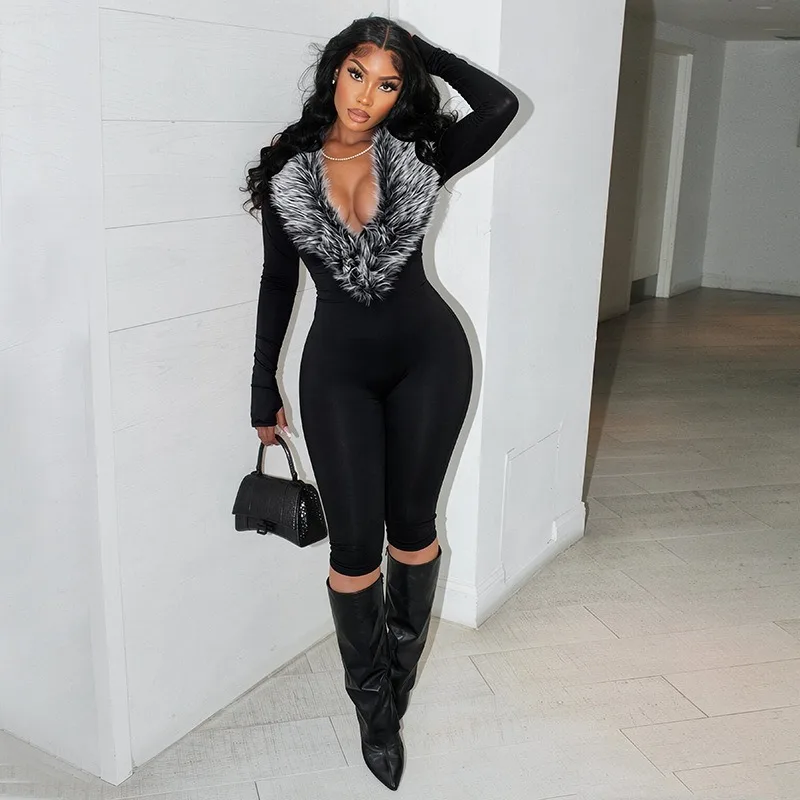 Furry Collar Jumpsuit, Finger Loop Long Sleeve Skinny Capri Romper Solid Casual Full Length Outfit