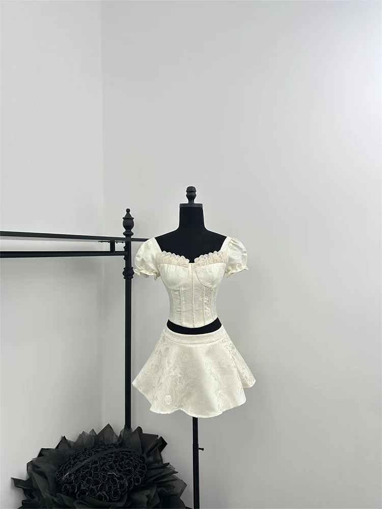 Summer Women Mori Girl Jacquard Ballet Core Old Money Outfits 2 Piece Set Short Sleeve Lace Square Collar Shirts + Mini Skirt