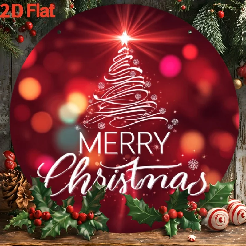 2D flach, 1 Stück Vintage-Weihnachts-Metallblechschild Wandkunst – 20,3 x 20,3 cm roter und goldener Frohe Weihnachtskranz mit Stechpalmen, Kiefernkleie