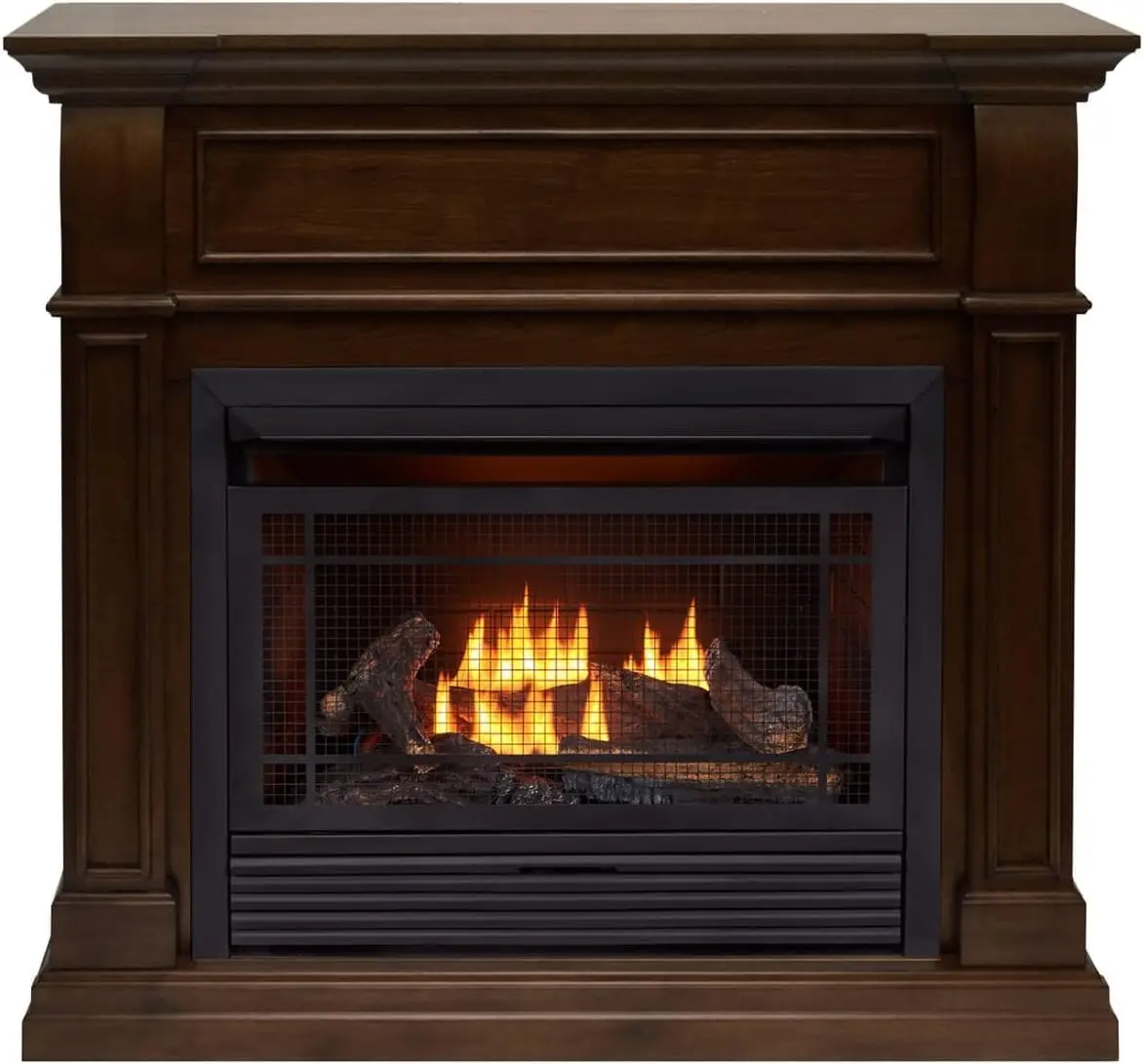 Dual Fuel Ventless Gas Fireplace System with Mantle, Remote Control, 5 Fire Logs, Use with Natural Gas or Liquid Propane