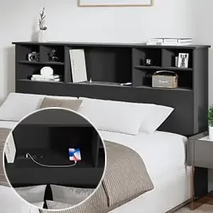 King Size Headboard only for Bedroom, Stylish King Bookcase Headboard with Built-in Charging Station & 2 LED Lights image 5