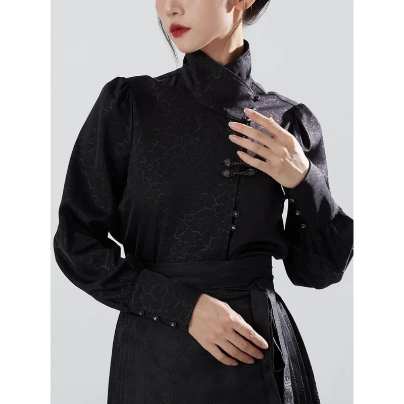 Haut jacquard à manches longues de style chinois pour femmes, vêtements pour femmes, chemise chic vintage, col montant, grande taille, Hanfu, noir, printemps, automne, 2024