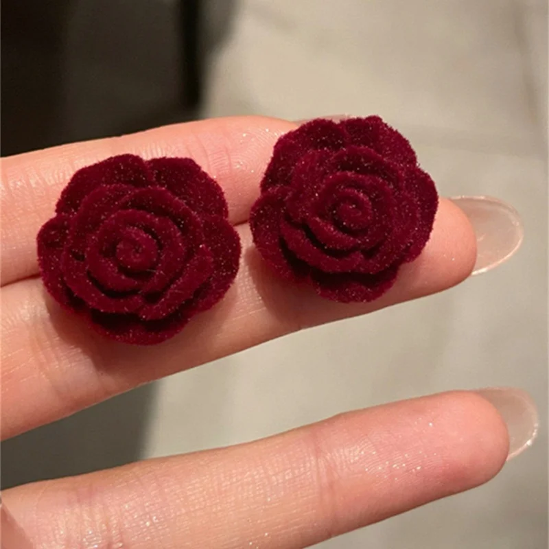 Pendientes minimalistas con forma de rosa Burdeos para mujer, moda coreana, Vintage, para fiesta, boda, novia, joyería de lujo accessible