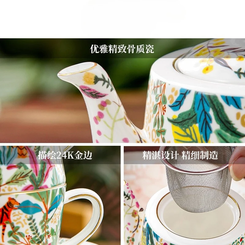 Hand-Painted Dreamy Jungle Ceramic Coffee Set with Mother-Son Teapot,Cup & Saucer Luxury Afternoon Tea Gift Box,Stackable Design