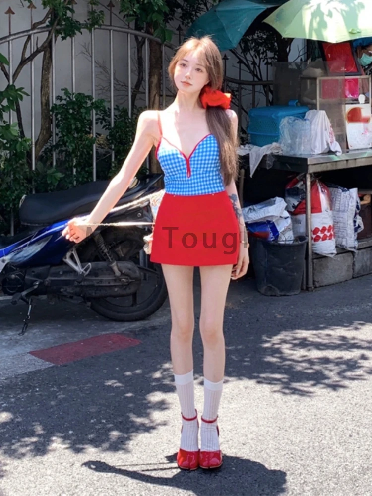 Summer Sexy Slim Sling Sleeveless Set Skirt Women Korean Fashion Blue Plaid Tops Red Mini Skirts Aesthetic Y2k Casual Suits New