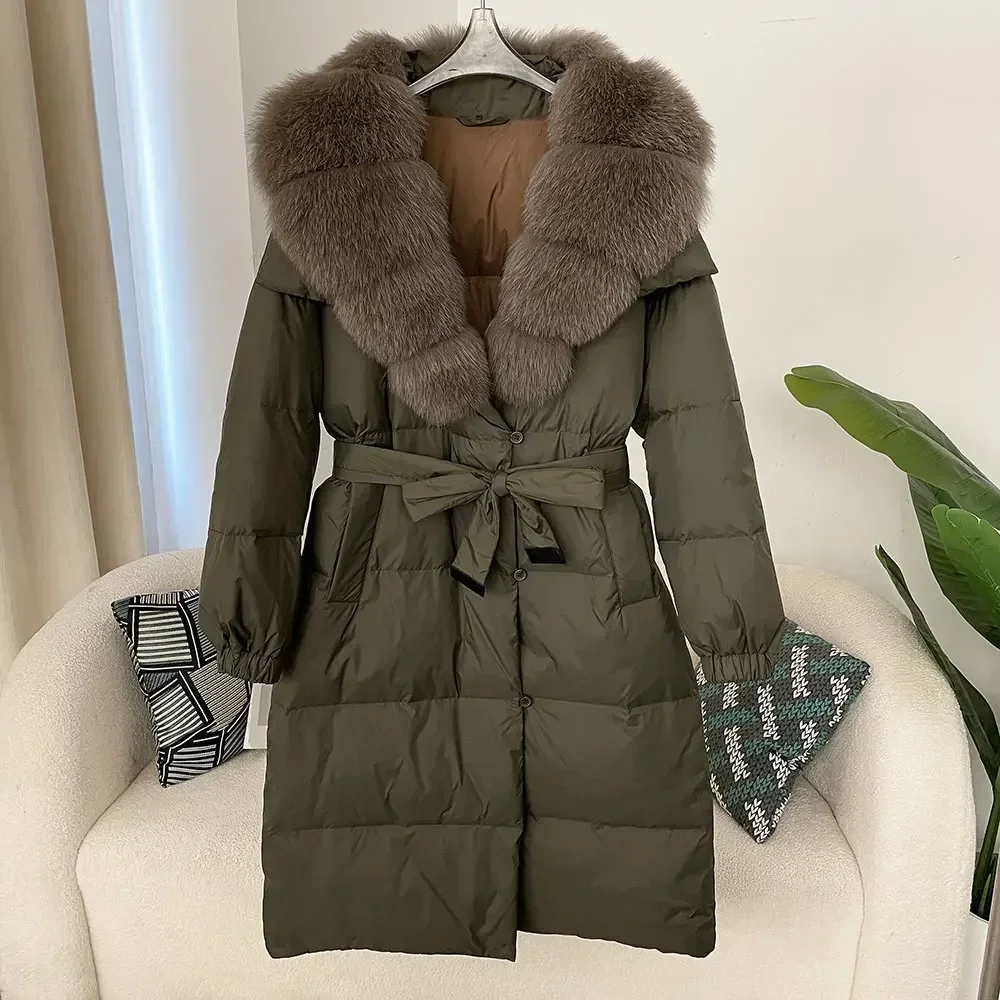 2024 Fur Jacket Winter Women Thick Warm Belt Casual Outerwear Natural Real Fox Raccoon Fur Collar White Duck Down Coat