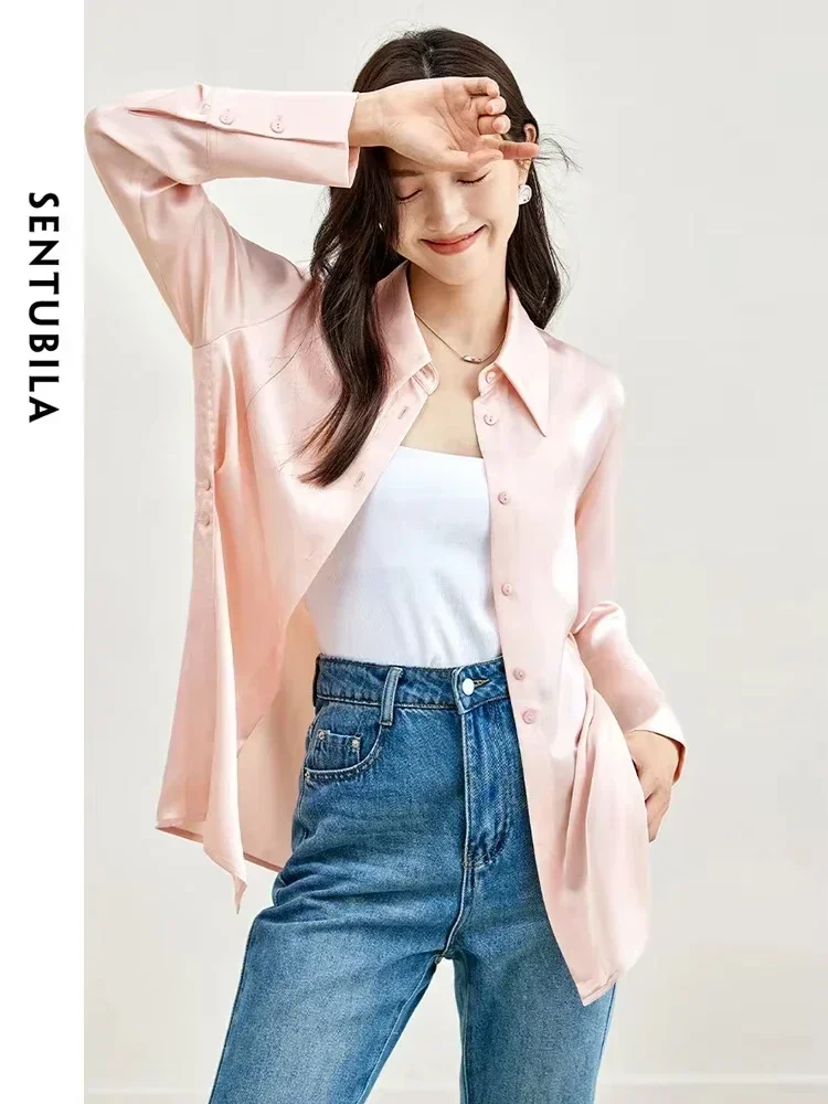 SENTUBILA 여성 우아한 셔츠 & 블라우스 2025 봄 오피스 레이디스 긴팔 탑 버튼 다운 릴랙스 핏 셔츠 M43C57999X