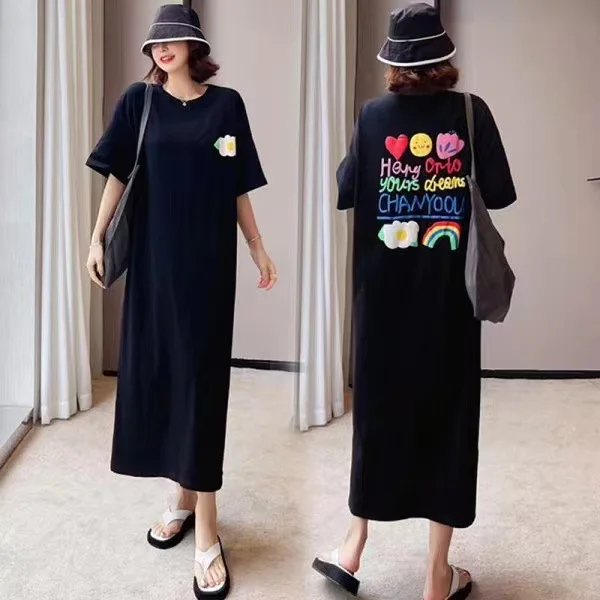 

Summer New Korean Style Lazy Fashion Women's Long Knee-Length Loose plus Size T-Shirt Dress Cleanfit Polyester Fiber Short Sl...